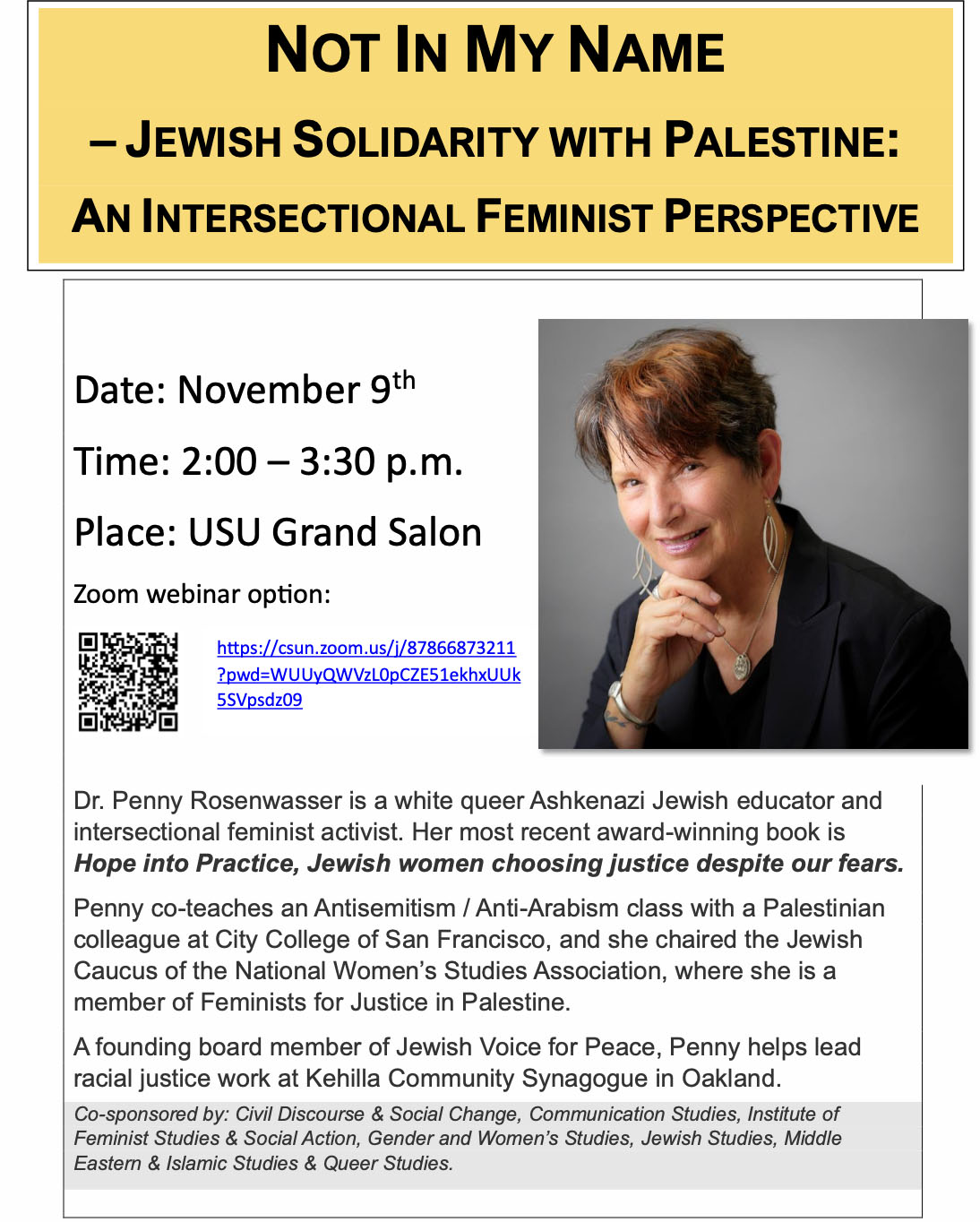 Flyer for Penny Rosenwasser talk, Jewish Solidarity in Palestine, Nov 2023